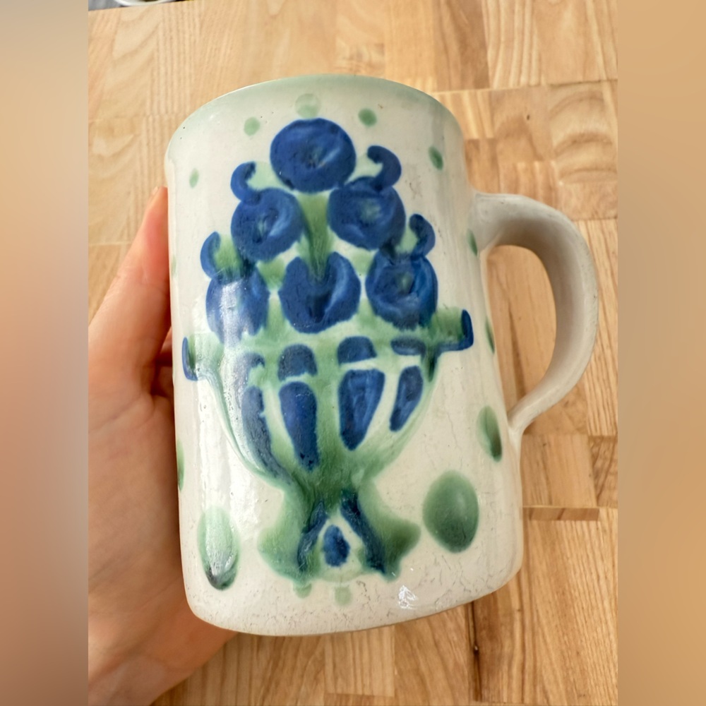 M A Hadley blue bouquet hand painted stoneware mug